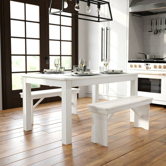 BizChair HERCULES Series 60" x 38" Rectangular Antique Rustic White Solid Pine Farm Dining Table