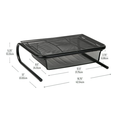 Mind Reader - Monitor Stand, Ventilated Laptop Riser, Desktop Organizer, Paper Tray, Metal Mesh, 16.75"L x 13"W x 5.25"H - Black