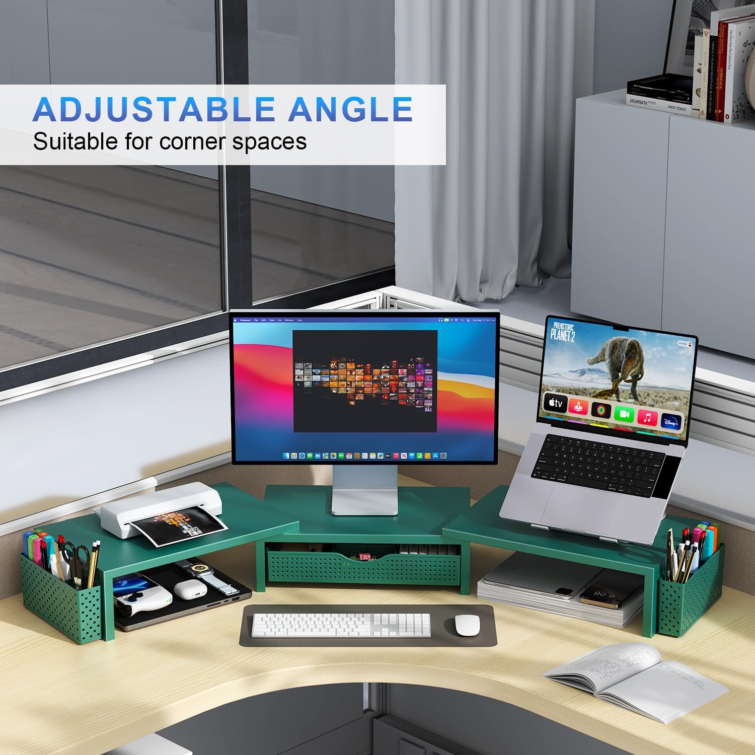 Dual Monitor Stand Riser with Drawer and Pen Holders, Wooden Desk Shelf Organizer for Computer Monitor