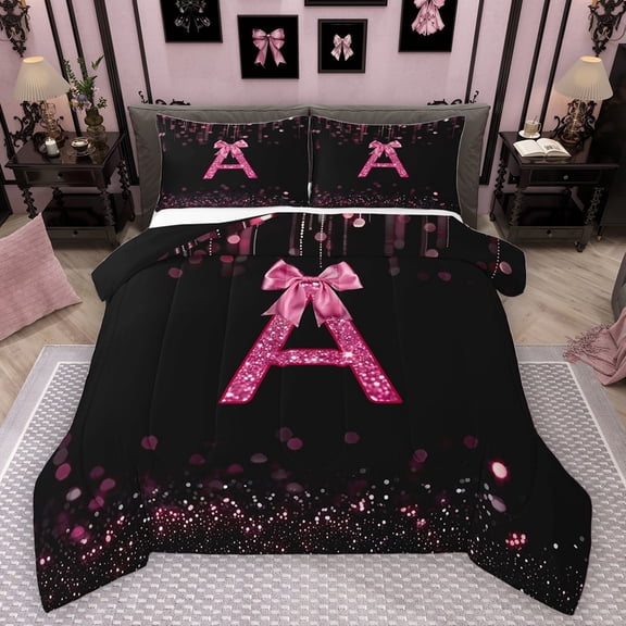 Manfei Letter Monogrammed Bow A Bedding Comforter Set 2pcs for Boys Girls,Bling Glitter Twin Comforter Sets Microfiber,Dreamy Princess Breathable Bedding Set,Lightweight Room Decor,Reversible