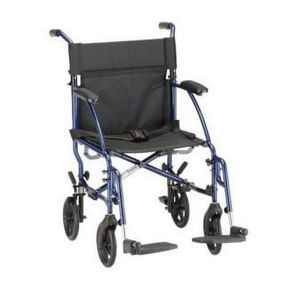 Transport Chair 18" Seat Width Lightweight Aluminum Fixed Desk Arms Wt Cap 250 lb (Blue)