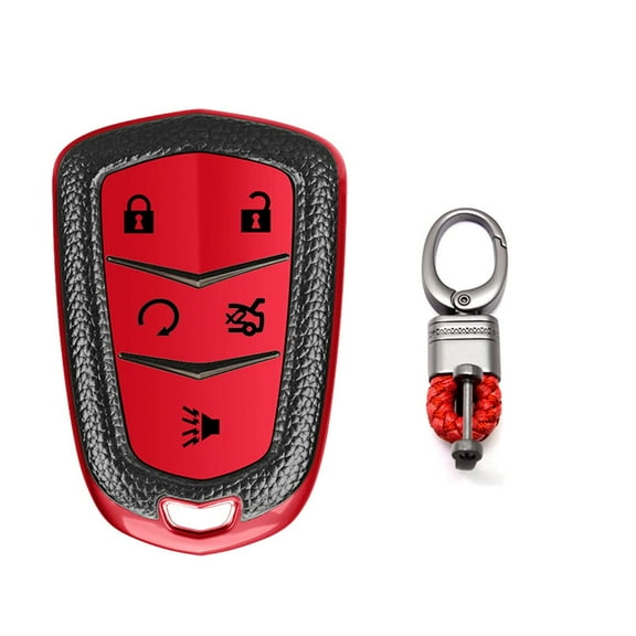 x xotic tech Red TPU Grainy Leather Texture Key Fob Shell Cover Case w/ Red Keychain, Compatible with Cadillac CT6 XT5 CTS XTS SRX ATS HYQ2AB HYQ2EB 5-Button Smart Keyless Entry Key