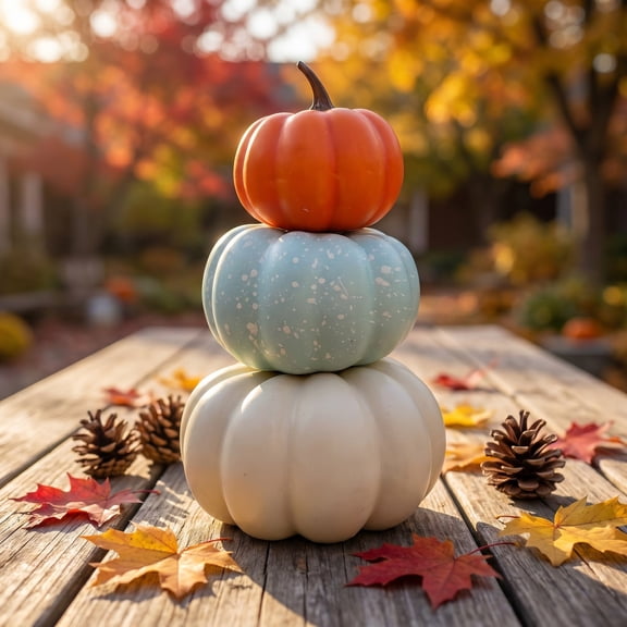 Stacked Pumpkin Decor, 3 Tier Artificial Pumpkin Tabletop Ornament Realistic Seasonal Centerpiece, For Halloween Thanksgiving Mantel Tiered Tray Farmhouse Decor