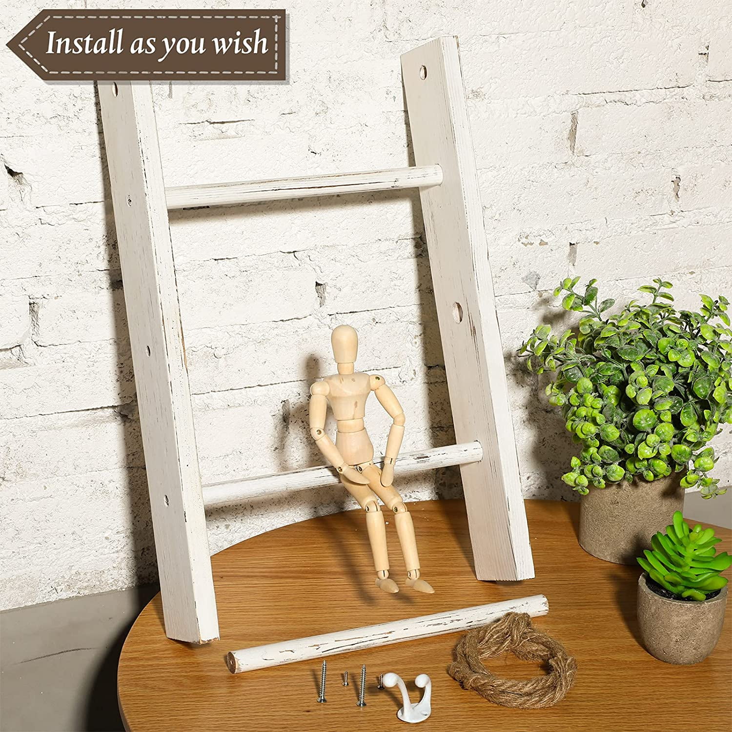 CPDD 3CPDD Tier Mini WallCPDD Hanging Hand Towel Ladder with Rope Decorative Wooden Bathroom Towel Rack Ladder and Hook for Farmhouse Room Decor Wood Color White Walmart