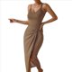 thumbnail image 2 of Vestido de Cóctel Ajustado para Mujer, Sin Mangas, con Tirantes Finos Ajustables, Abertura en la Cintura, Espalda Descubierta y Corte Midi Marrón S, 2 of 9