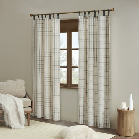 Madison Park Anaheim Plaid Faux Leather Tab Top Curtain Panel with Fleece Lining in Natural, 50"x84"