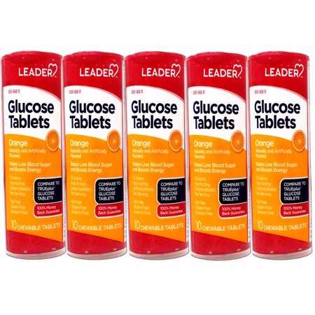 5 Pack - LEADER Glucose Tablets, Energy and Blood Sugar Support, Orange Flavor, 10 Count Travel Size