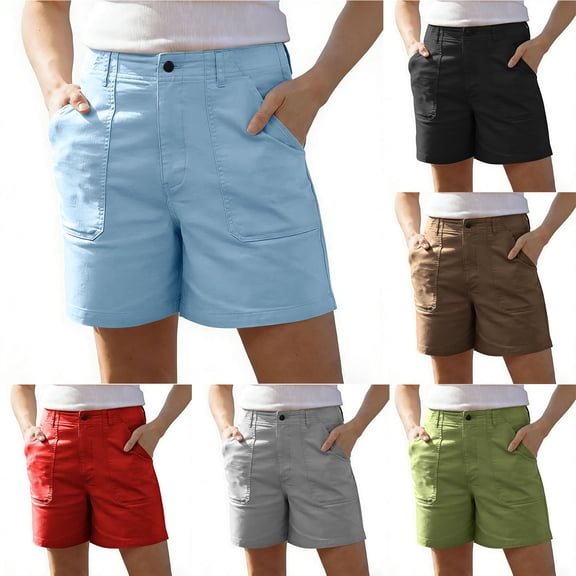 Bloomae Women's Lightweight Hiking Cargo Shorts with Pockets Trendy Summer Basic Solid Color Button Elastic High Waist Athletic Shorts for Golf Casual
