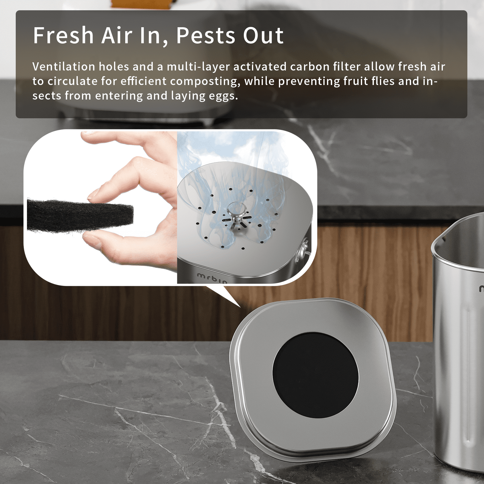 Mrbin All Stainless Steel Compost Bin Kitchen Countertop Trash Can with Lid and Charcoal Filter, Metal Small Indoor Rubbish Dustbin for Food Waste Recycle