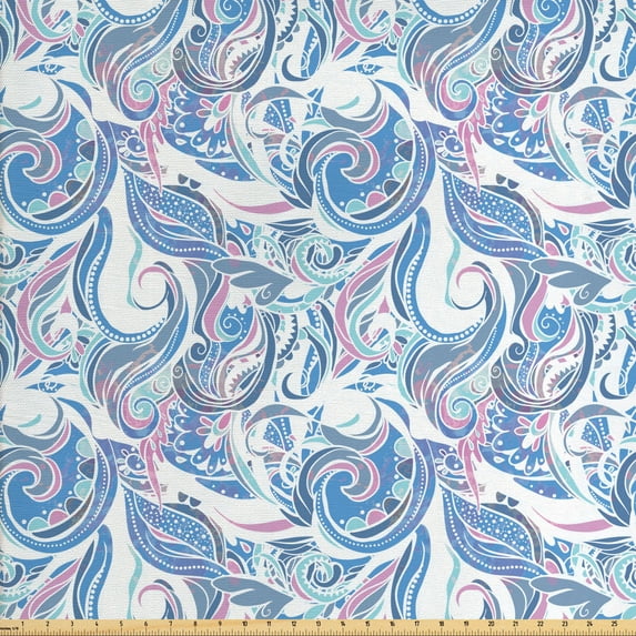 Abstract Sofa Upholstery Fabric by the Yard, Continuous Flourish Pastel Botany Inspired Curls, Decorative Fabric for DIY and Home Accents, Multicolor by Ambesonne