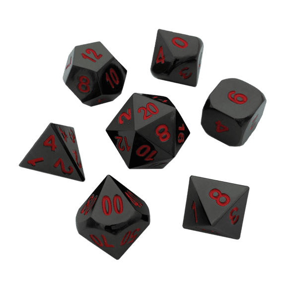 Smoke and Fire | Shiny Black Nickel with Red Numbers Metal Dice Set (7 Die in Pack) -