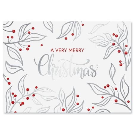 Current Silver Berries Deluxe Nonpersonalized Christmas Cards - Holiday Greeting Cards, Set of 14, Large 5" x 7", Envelopes Included, Foil Accents & Lettering