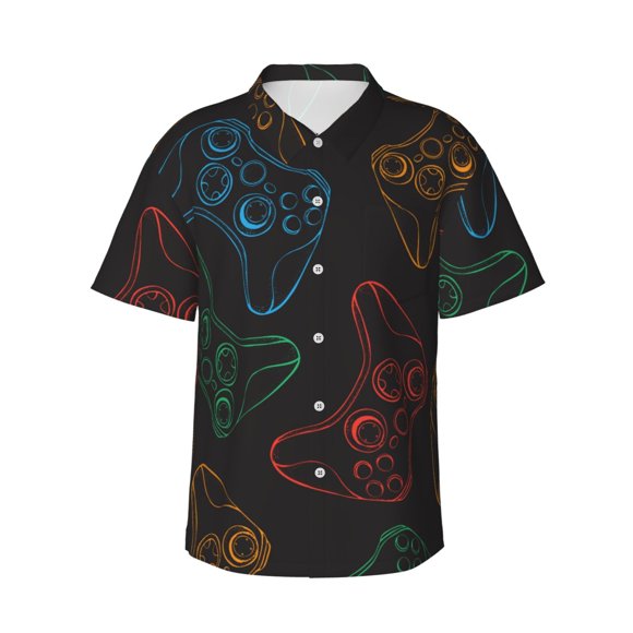 Vsdgher Gamepad Joystick Game Print Men's Hawaiian Shirts Button Down Tropical Holiday Beach Shirts Vacation Clothes -3X-Large