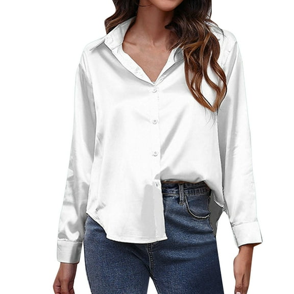 Womens Satin Button Down Dress Shirt Long Sleeve Silk-Like Blouse