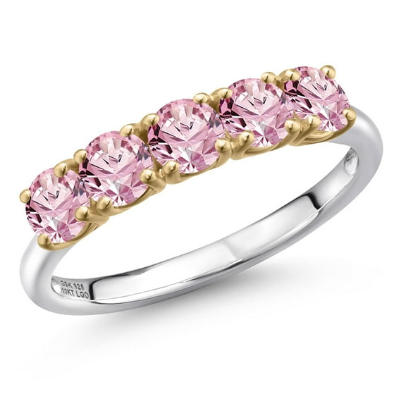 Gem Stone King 925 Silver and 10K Yellow Gold Pink Lab Grown Diamond Wedding-Bands Ring for Women | 1.25 Cttw | Round 4MM | Gemstone April Birthstone | Size 7