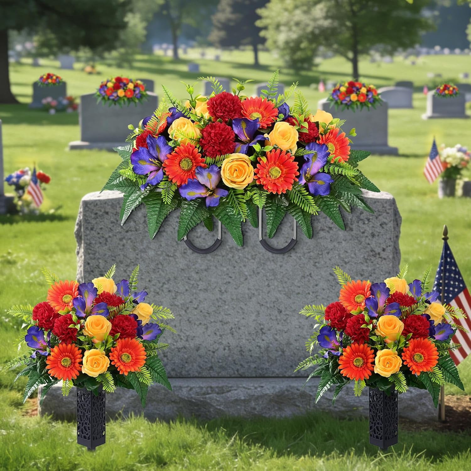3 Sets Artificial Cemetery Flowers for Grave, Realistic Headstone Flower ,  Memorial Day Flowers, Mixed Blooms Grave Decorations for Cemetery (Colorful)