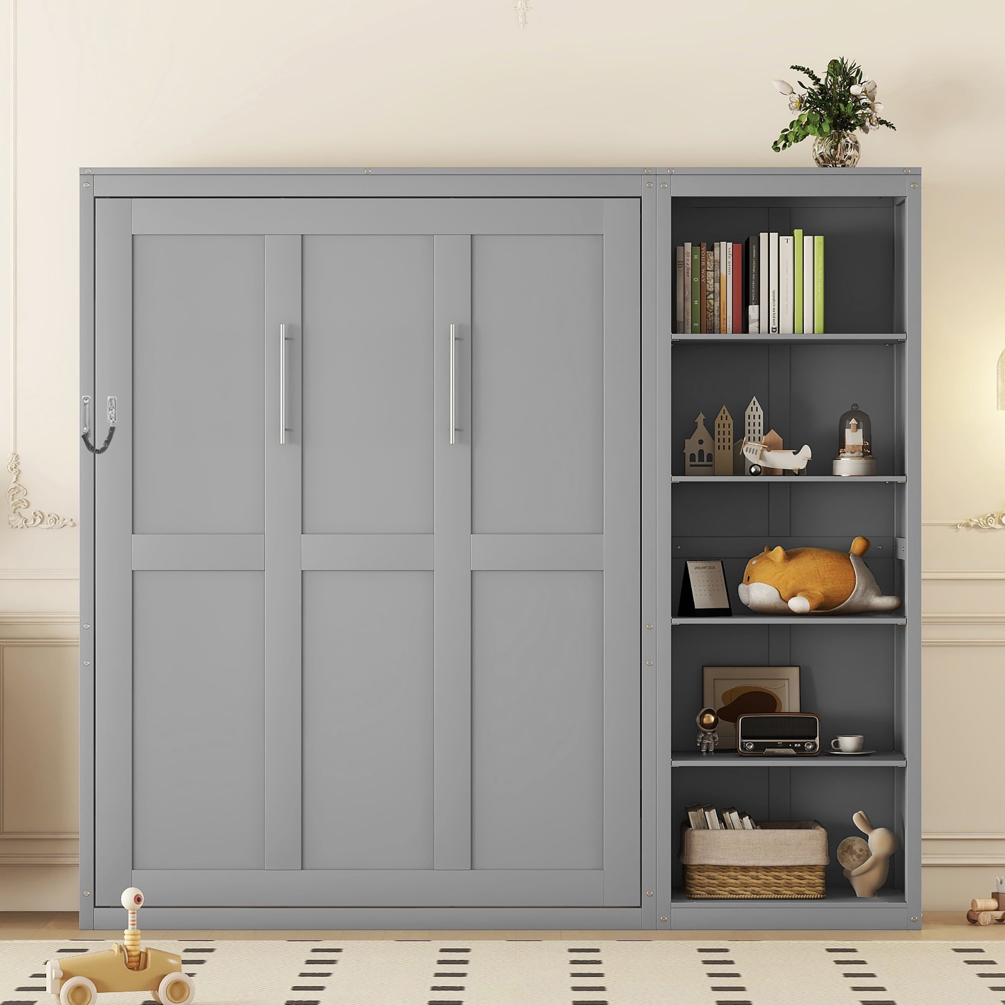 Queen Size Murphy Bed with 5 Tier Open Storage Adjustable Shelves for Space-Saving Guest Room