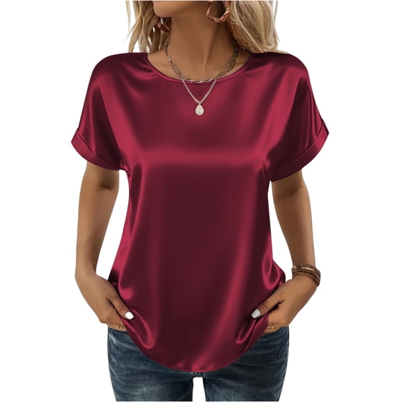 Satin Blouse for Women Business Casual Outfit Short Sleeve Tops Crewneck Solid Color Tshirt Silk Shirt Summer Clothes Wine XL