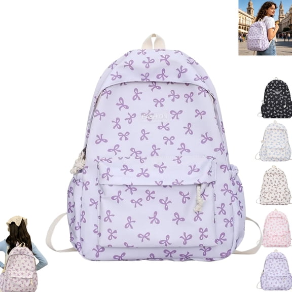 Large Capacity All Over Bow Print Nylon Backpack, Lightweight Cute Laptop Daypack Multi Pocket Fashion Travel School Backpack for Women Girls