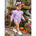 thumbnail image 6 of RUINIXCW Newborn Baby Girl My First Halloween Outfit Infant Baby Girl Fall Winter Clothes Bubble Romper Pumpkin Ghost Embroidery Ruffle Long Sleeve Bodysuit Headband Set, 6 of 8