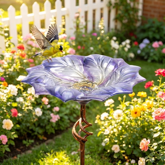 Glass Bird Bath Outdoor BirdBath Bird Feeder with Metal Stake Garden Decor, Purple