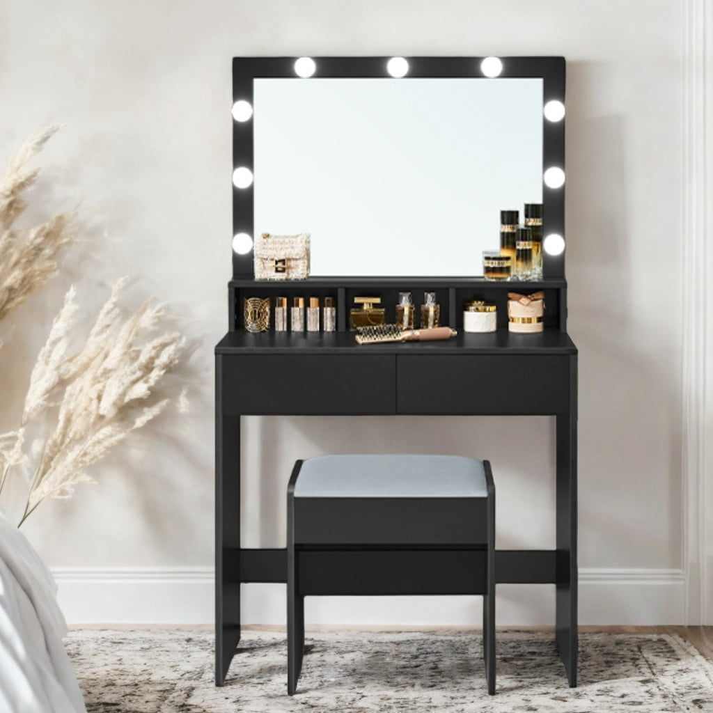 LEDREM Modern Makeup Vanity Desk with 9 Dimmable LED Lights, Storage Drawers & Stool, for Bedroom & Dressing Room, Ink Black