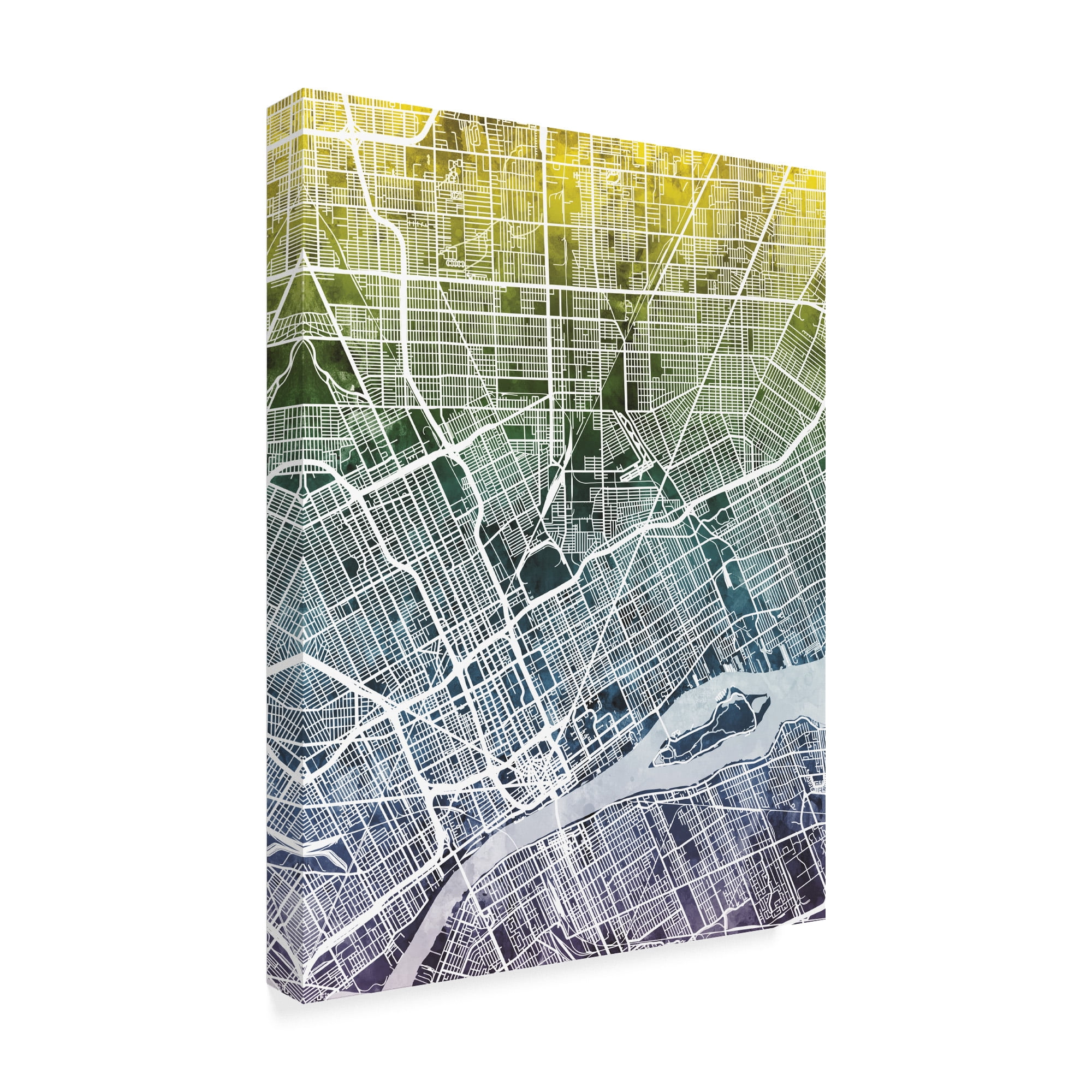 Trademark Fine Art 'Detroit Michigan City Map Blue Yellow' Canvas Art by Michael Tompsett