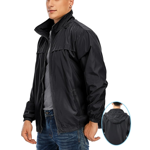 ALING Mens Windbreakers Jackets Detachable Hooded Windbreaker Casual