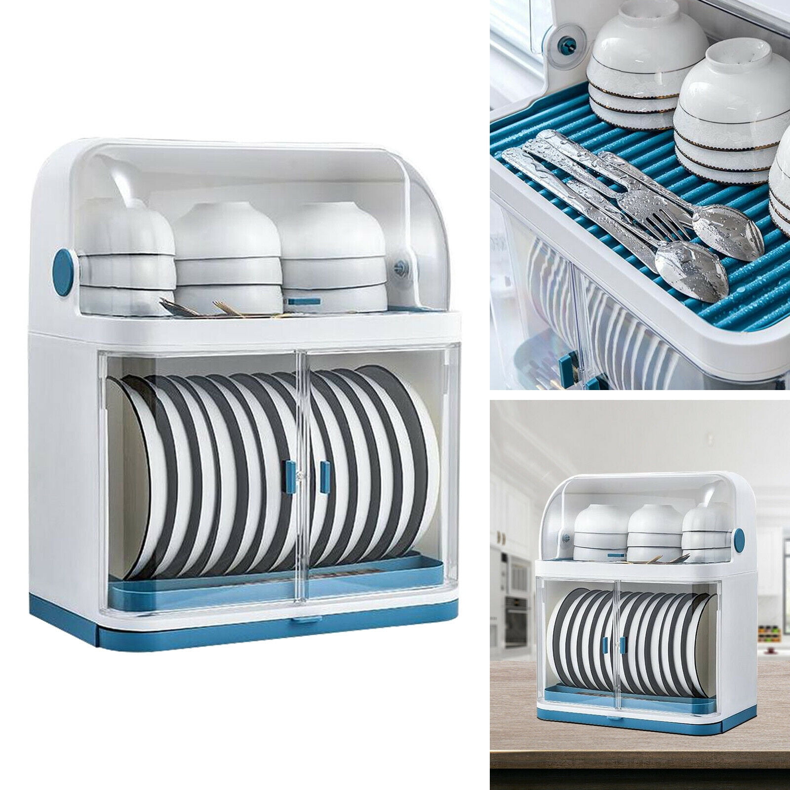 DENEST 2-Layer Dish Drying Rack with Lid Dish Drain Dust-proof Storage Box Counter Organizer
