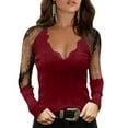 thumbnail image 4 of DuoJiaJ Ladies New Slim Elastic V-neck Printed Lace Sexy Long Sleeve Top Women’s Tank Tops Red, 4 of 5