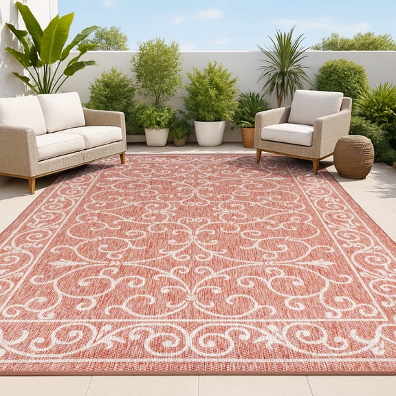 JONATHAN Y SANTA MONICA 5 x 8 Area Rug, Charleston Vintage Filigree Textured Weave - Red/Beige, SMB106B-5
