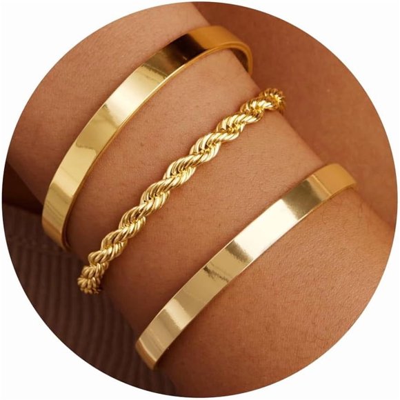 Gold Bracelets for Women Non Tarnish Dainty 14K Real Gold Plated Bangle Cuff Bracelets Stack for Women,Waterproof Stackable Bracelet Gold Jewelry Trendy Gifts Adjustable