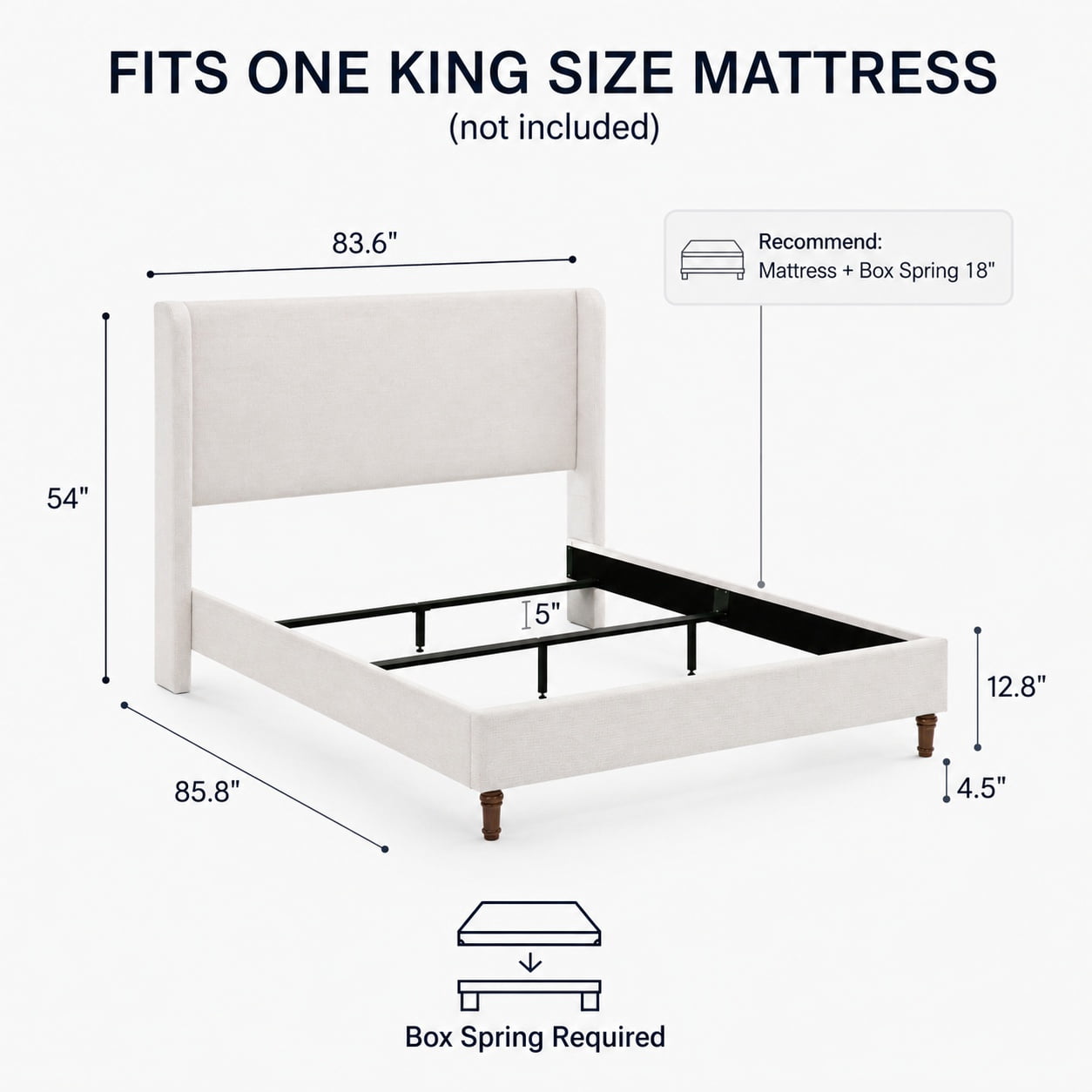 Miniyam King Size Upholstered Platform Bed Frame with Wingback 54 in. Headboard, Ivory