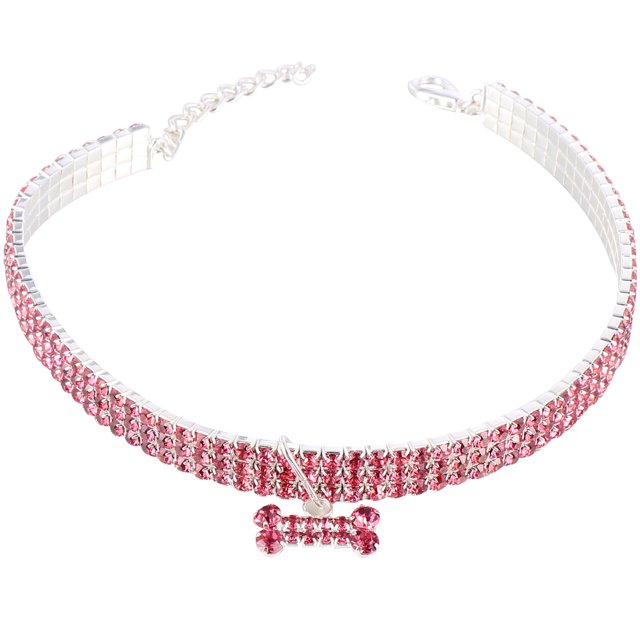 Collar de perro con anilla y colgante en forma de hueso, con brillantes diamantes de imitación, de lujo, con hebilla ajustable (rosa, talla M)