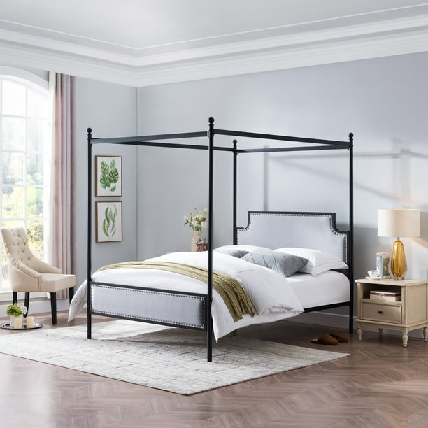 Canopy Bed Frame Queen Walmart Metal Framed Queen Size Canopy Bed With Pattern Fabric