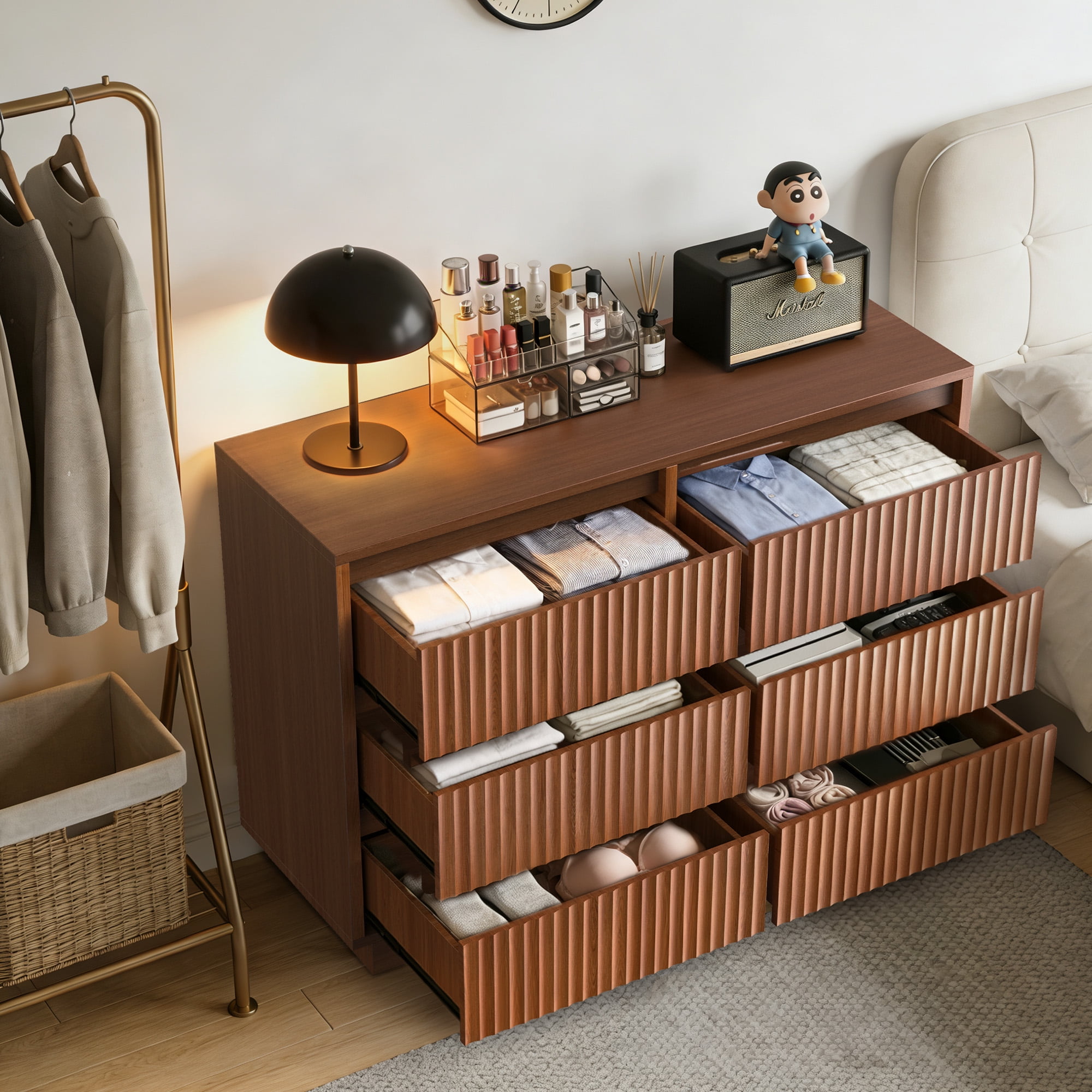 UPGO 44.8'' Fluted Dresser for Living Room, Bedroom, Hallway, Entryway with Deep 6 drawers, Wooden Dresser
