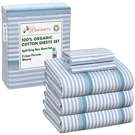 RUVANTI 100% Organic Cotton Sheets -Split King Sheet - 5 Piece Percale Weave Bedding, Crisp, Cooling & Breathable, Soft & Durable, 15" Deep Pocket, Hotel Quality Sheet - Nautical Stripes