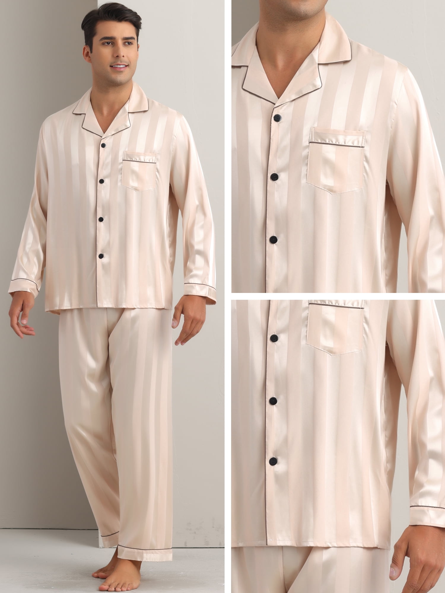 DARING DIVA Men's 2-Piece Long Sleeve Top And Pants Striped Pajama Set XL Champagne