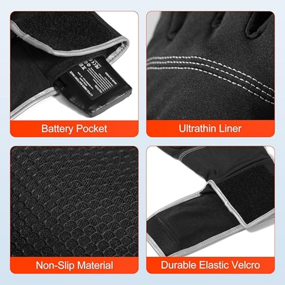 Sun Will Thin Heated Gloves Black Ski Mittens for Men and Women Rechargeable Electric Battery XS-2XL