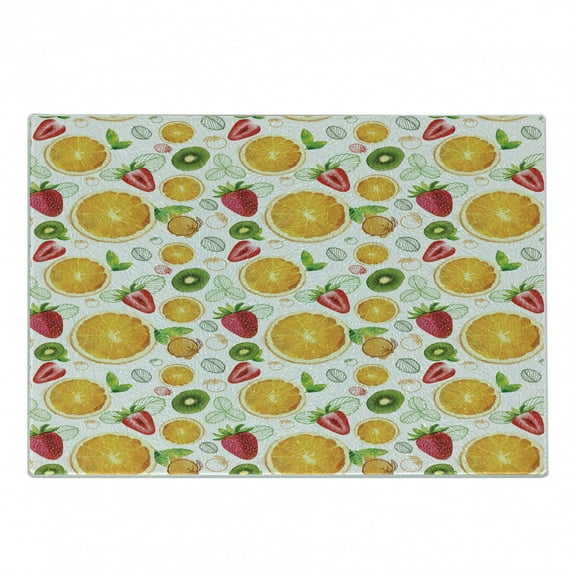 Fruits Cutting Board, Citrus Kiwi Lemon Leaves Apricot Watermelon Fresh Exotic Kitchen, Decorative Tempered Glass Cutting and Serving Board, Small Size, Earth Yellow Lime Green, by Ambesonne