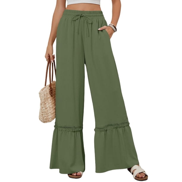 Pantalones Palazzo de Cintura Alta y Pierna para Mujer, Estilo , con Encaje, Holgados, Color Verde , Talla M