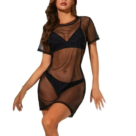 

Women Long Mini Short Sleeve Casual Tops Dress See Through Sleeve Crop Sheer Mesh Underwear Negligees Lingerie Sleepwear Chemise Nightwear