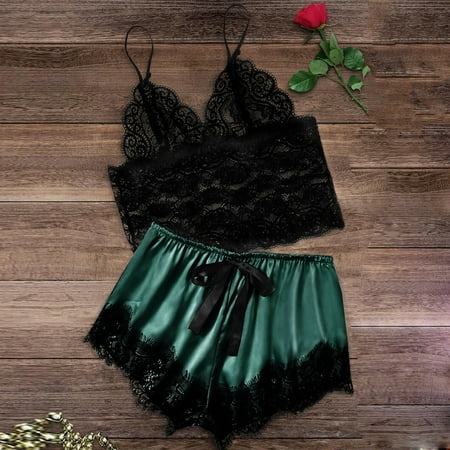 

Egmy Women Satin Lace V-Neck Camisole Bowknot Shorts Set Sleepwear Pajamas Lingerie Blue XL