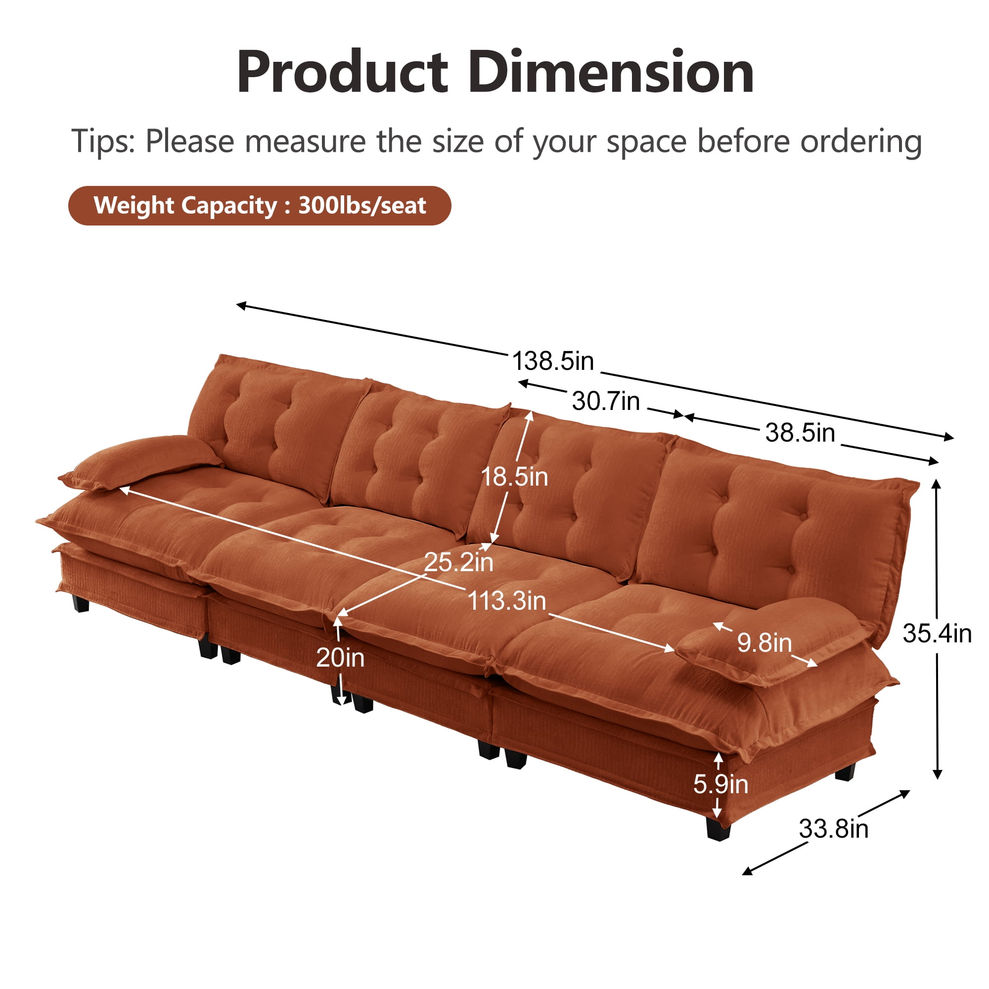 AISWORD 138" 4-Seater Modular Sectional Cloud Sofa, Chenille Fabric Deep Seat Couch with Lattice Decored Cushions