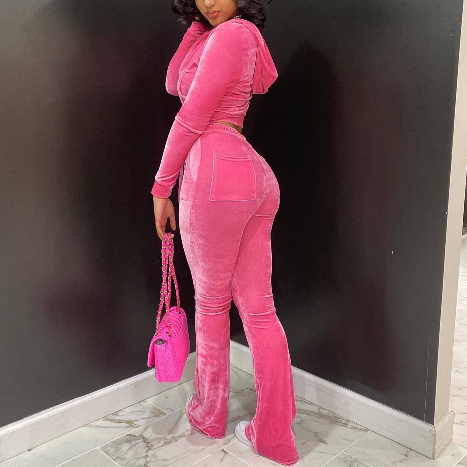 Lovskoo 2 Piece Outfits Velour Tracksuit for Women Zip Up Hoodie Velvet Crop Jacket and Flared Bottoms Long Pants with Pockets Jogging Sweatsuit Workout Sets Pink