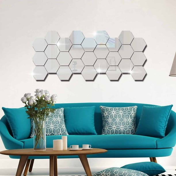 Pegatinas de pared de espejo acrílico 3D | Paquete de 12 azulejos decorativos autoadhesivos para decoración del hogar | Arte mural que realza el espacio en la sala de estar y el dormitorio