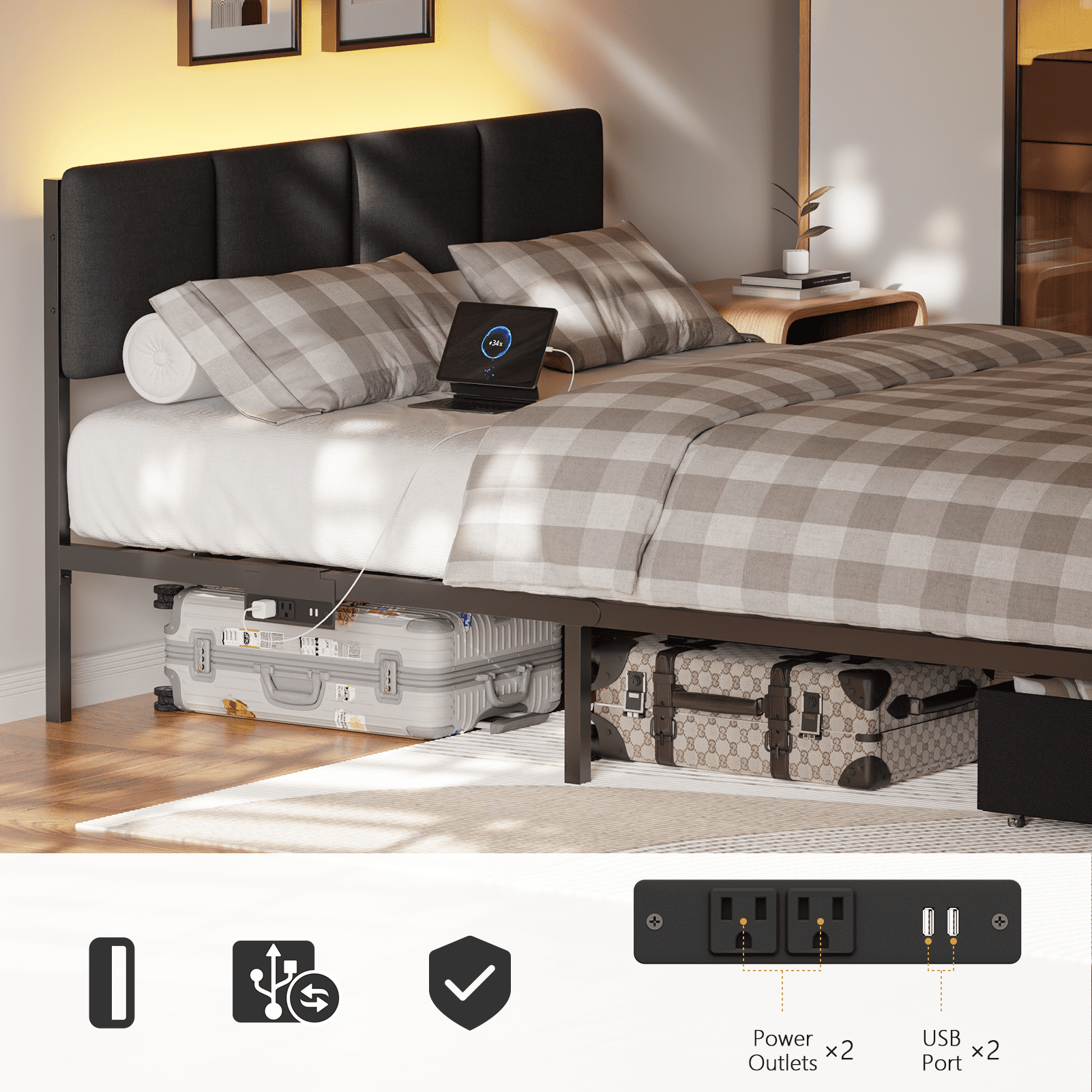 Tydimor Queen Upholstered Sturdy Metal Bed Frame with LED Lights, 2 Storage Drawers & Charging Station