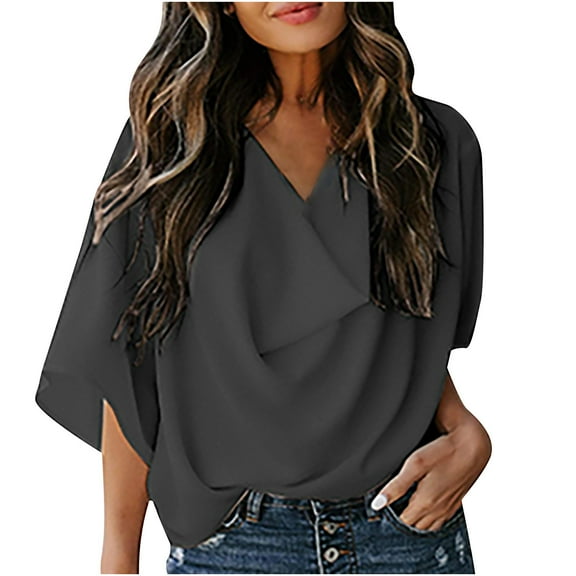 Women's Casual Loose V-neck Chiffon Shirt, Short Sleeve Solid Color T-shirt, Lightweight and Breathable Blouse for Spring and Summer, Elegant and Comfortable for Everyday Wear, Versatile for Any