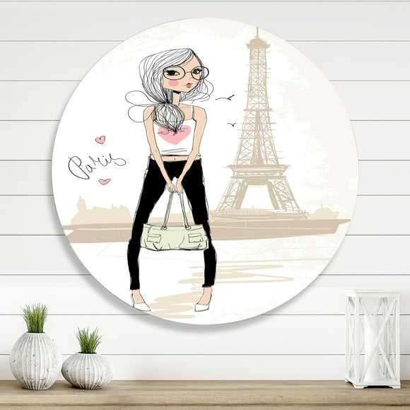 Designart - Cute Girl By The Tour Eiffel In Paris - Children's Art Metal Circle Wall Art
