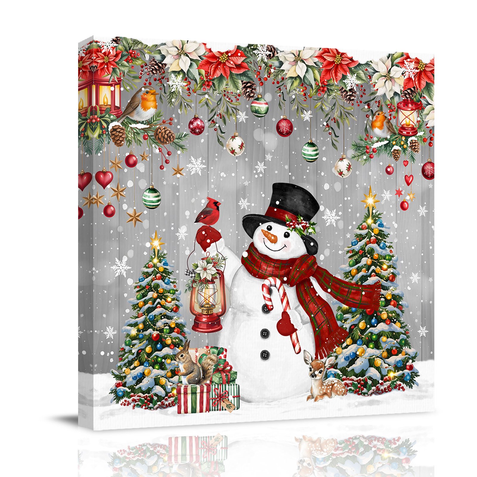 Canvas Wall Art Grey Christmas Framed Canvas Prints for Bathroom Desk Snowman Xmas Tree Ball Snowflake Winter Wooden Small Gallery Wrapped Wall Decor for Home Office Gifts 8 x8 Ship Next Day